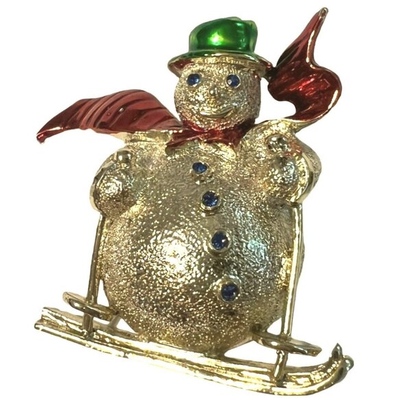 Vtg Christmas Brooch Pin Snowman Skier Rhinestone eyes buttons Holiday Signed - Picture 1 of 4